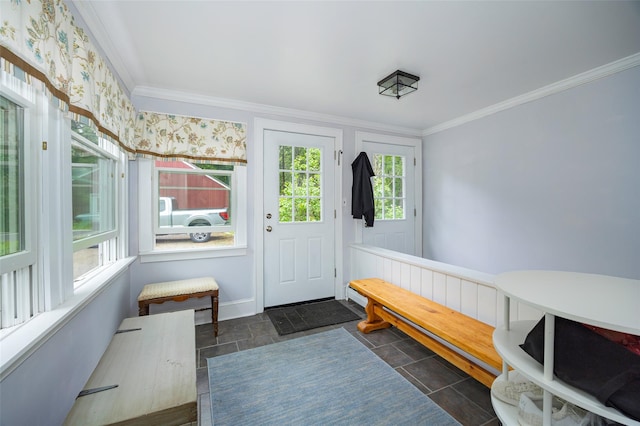 591 Hillside Lake Rd, Wappingers Falls, NY 12590 - mudroom with ornamental molding and dark stone finish floors