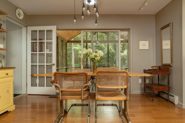 70 Reardon York Est, Canaan, NY 12029 - dining space featuring light wood-style flooring, a baseboard radiator, and rail lighting