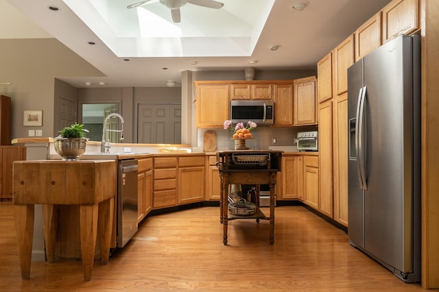 70 Reardon York Est, Canaan, NY 12029 - kitchen with appliances with stainless steel finishes, a peninsula, a raised ceiling, a skylight, and ceiling fan