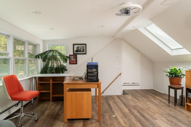 70 Reardon York Est, Canaan, NY 12029 - office with wood finished floors, a skylight, vaulted ceiling, a baseboard radiator, and a ceiling fan