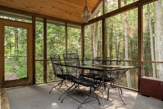 70 Reardon York Est, Canaan, NY 12029 - sunroom featuring outdoor dining area, lofted ceiling, a wooded view, and wooden ceiling