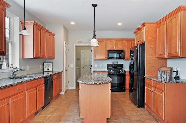3 Moorefield Cir, Highland Mills, NY 10930 - kitchen featuring black appliances, a center island, stone countertops, light tile patterned flooring, and recessed lighting