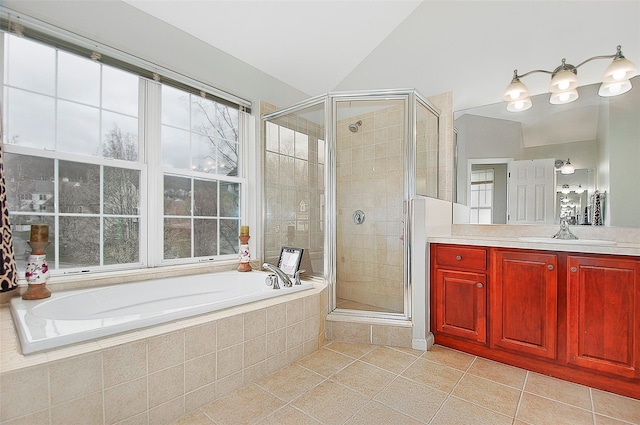 3 Moorefield Cir, Highland Mills, NY 10930 - full bath with tile patterned flooring, a garden tub, a shower stall, vanity, and vaulted ceiling