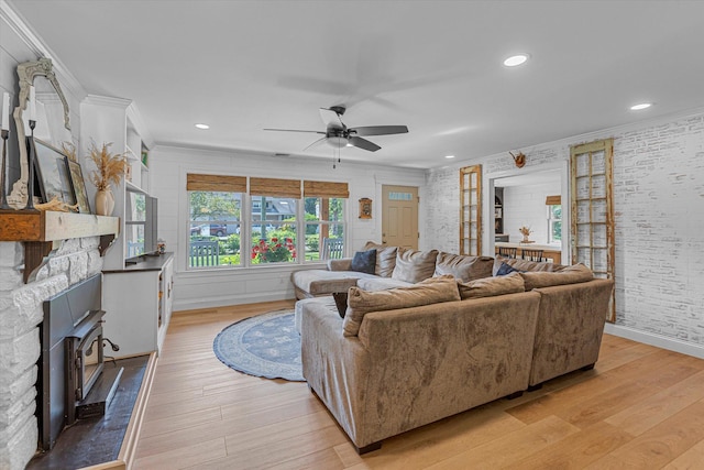 135 Vanderbilt Blvd, Oakdale, NY 11769 - living room with a ceiling fan, light wood-style floors, ornamental molding, and recessed lighting