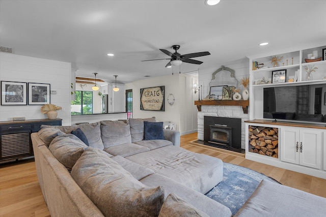 135 Vanderbilt Blvd, Oakdale, NY 11769 - living room featuring recessed lighting, ceiling fan, and light wood-type flooring