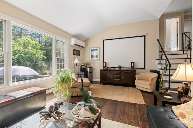 19 Salisbury Dr N, East Northport, NY 11731 - living area with a wall mounted air conditioner, wood finished floors, plenty of natural light, lofted ceiling, and stairway