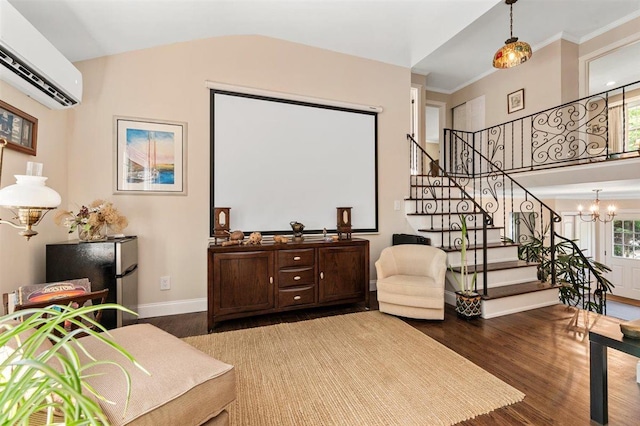 19 Salisbury Dr N, East Northport, NY 11731 - living area featuring a wall unit AC, wood finished floors, stairway, crown molding, and lofted ceiling