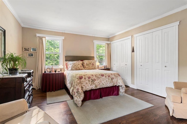 19 Salisbury Dr N, East Northport, NY 11731 - bedroom featuring two closets, dark wood-type flooring, and ornamental molding