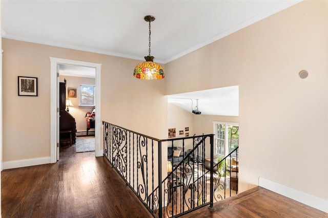 19 Salisbury Dr N, East Northport, NY 11731 - hall featuring an upstairs landing, wood finished floors, and ornamental molding