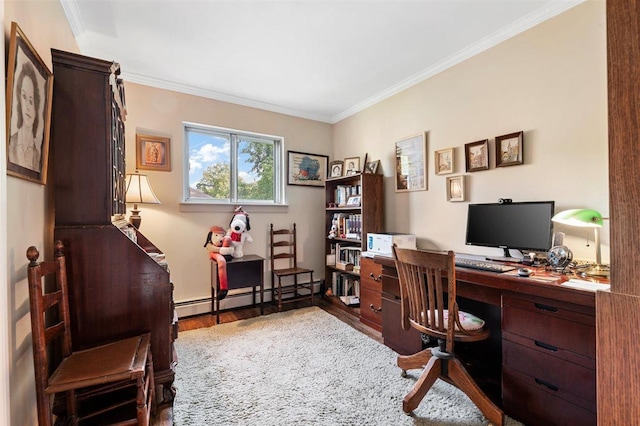 19 Salisbury Dr N, East Northport, NY 11731 - home office with a baseboard heating unit, wood finished floors, and crown molding