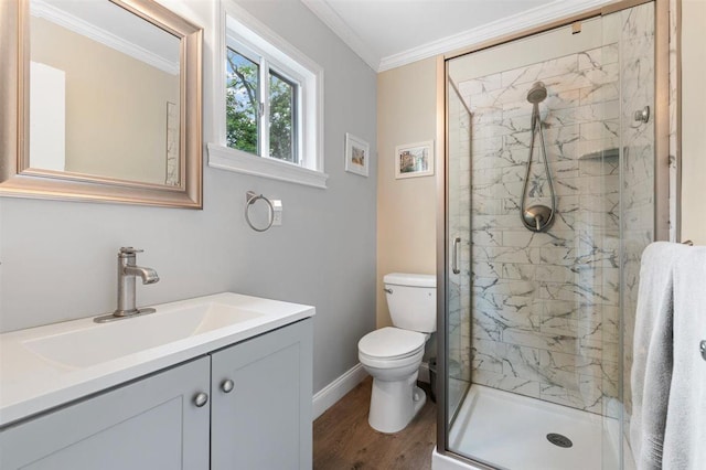 19 Salisbury Dr N, East Northport, NY 11731 - bathroom with ornamental molding, vanity, a marble finish shower, and wood finished floors