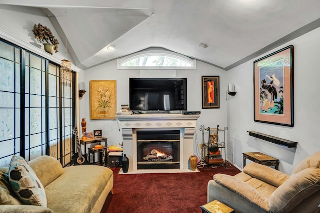 20 Wiltshire Dr, Commack, NY 11725 - living area featuring lofted ceiling, carpet flooring, and a fireplace with flush hearth