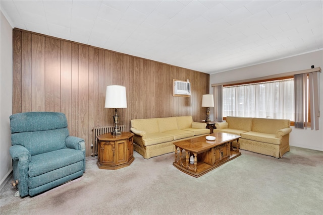 6438 60th Rd, Maspeth, NY 11378 - carpeted living area featuring wood walls, radiator heating unit, and an AC wall unit