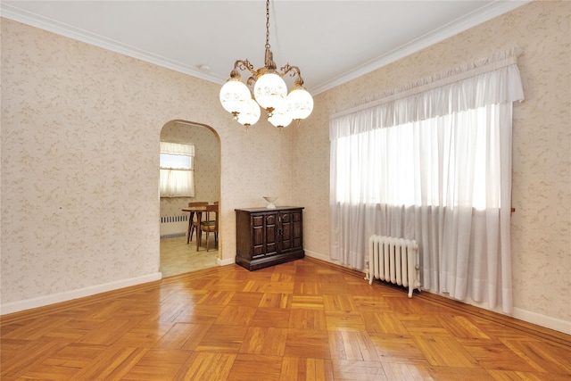 6438 60th Rd, Maspeth, NY 11378 - empty room with radiator heating unit, arched walkways, a chandelier, crown molding, and wallpapered walls