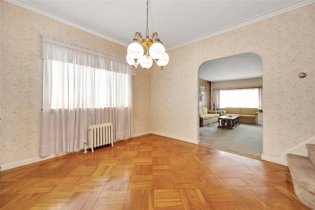 6438 60th Rd, Maspeth, NY 11378 - spare room featuring radiator, arched walkways, wallpapered walls, a chandelier, and ornamental molding