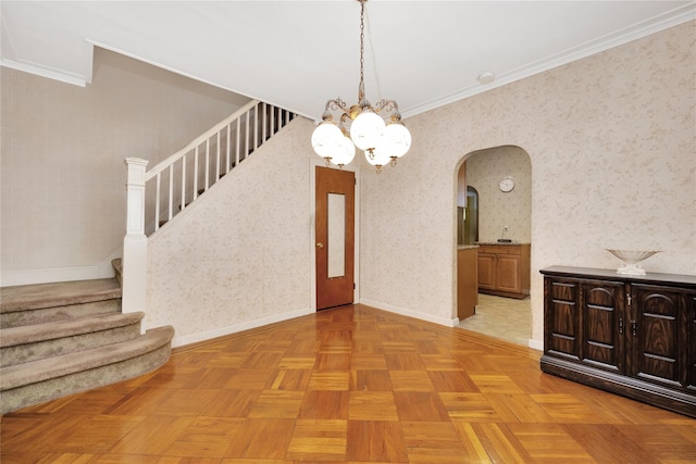 6438 60th Rd, Maspeth, NY 11378 - unfurnished dining area with arched walkways, a chandelier, crown molding, stairs, and wallpapered walls