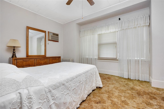 6438 60th Rd, Maspeth, NY 11378 - bedroom featuring radiator, an AC wall unit, light carpet, ornamental molding, and a ceiling fan