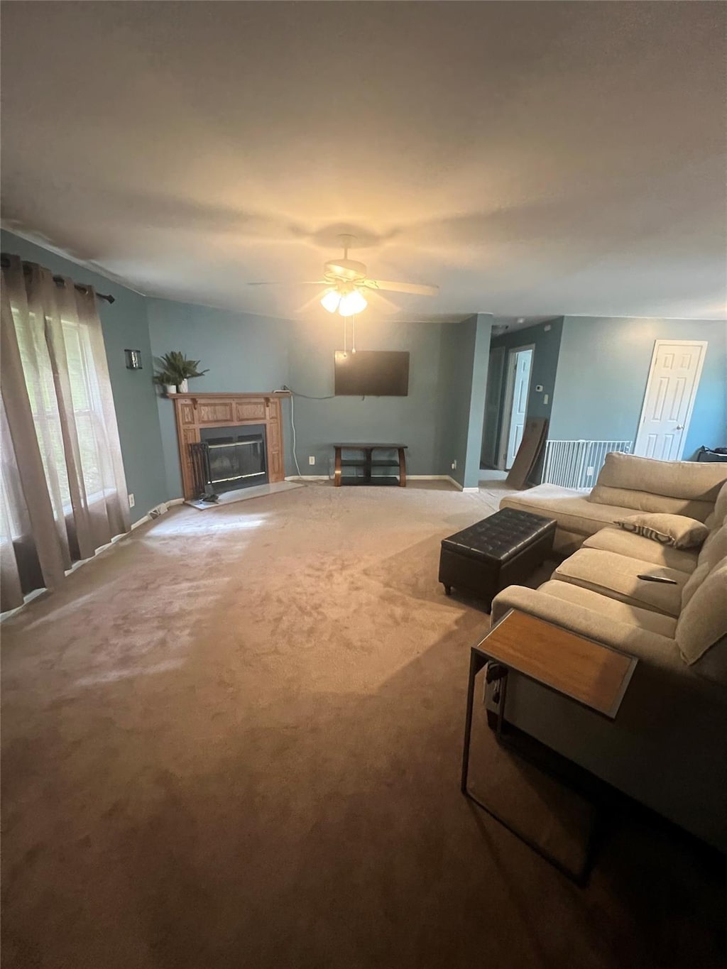 3465 Rte 22, Dover Plains, NY 12522 - living area with a ceiling fan, carpet floors, and a glass covered fireplace