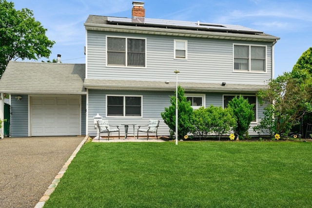27 The Plains Rd, Levittown, NY 11756 - view of front of property with a garage, a front lawn, driveway, and a chimney