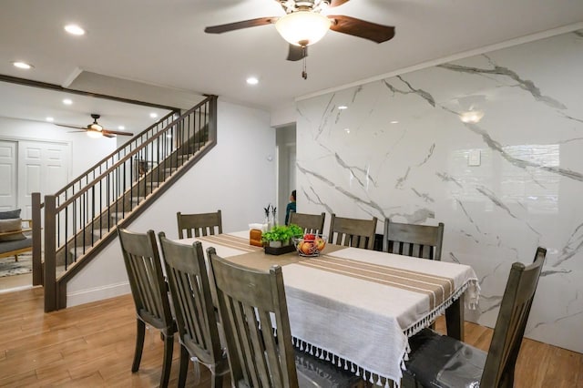 27 The Plains Rd, Levittown, NY 11756 - dining area featuring ceiling fan, stairway, recessed lighting, and light wood finished floors