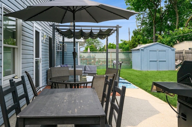 27 The Plains Rd, Levittown, NY 11756 - fenced backyard with a storage shed, outdoor dining area, and a patio area