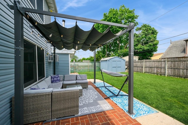 27 The Plains Rd, Levittown, NY 11756 - fenced backyard with an outdoor living space, a storage shed, and a patio area