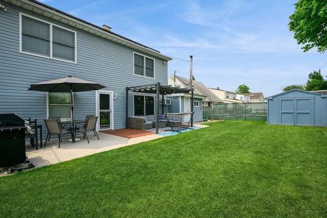 27 The Plains Rd, Levittown, NY 11756 - rear view of house with a pergola, a storage unit, a patio area, a fenced backyard, and outdoor lounge area