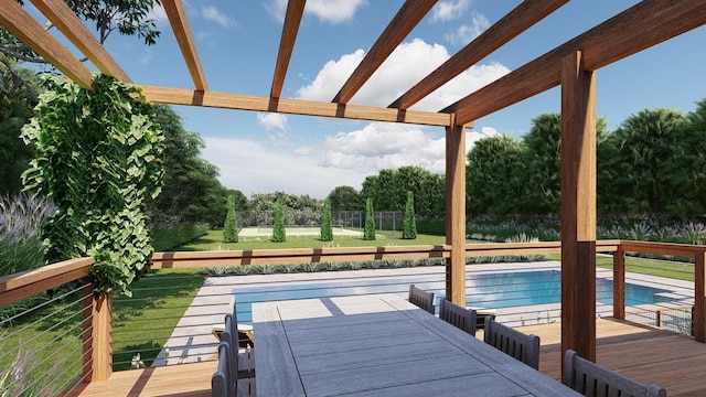 20210 Soundview Ave, Southold, NY 11971 - wooden deck featuring outdoor dining area, an outdoor pool, and view of scattered trees