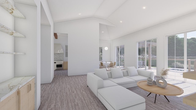 20210 Soundview Ave, Southold, NY 11971 - living area with light wood-style floors, high vaulted ceiling, and recessed lighting