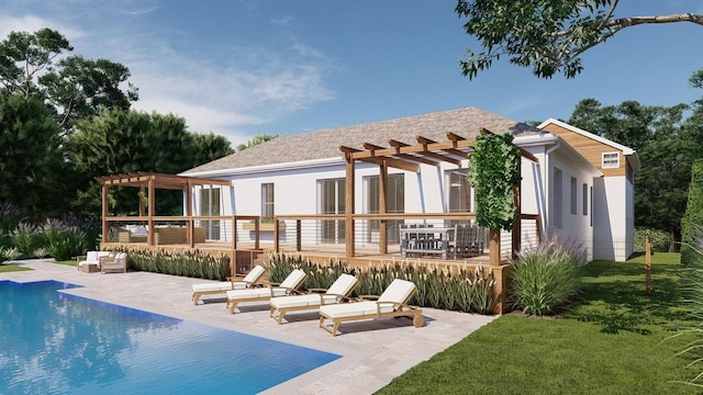 20210 Soundview Ave, Southold, NY 11971 - back of house featuring a pergola, an outdoor pool, a patio, and a lawn