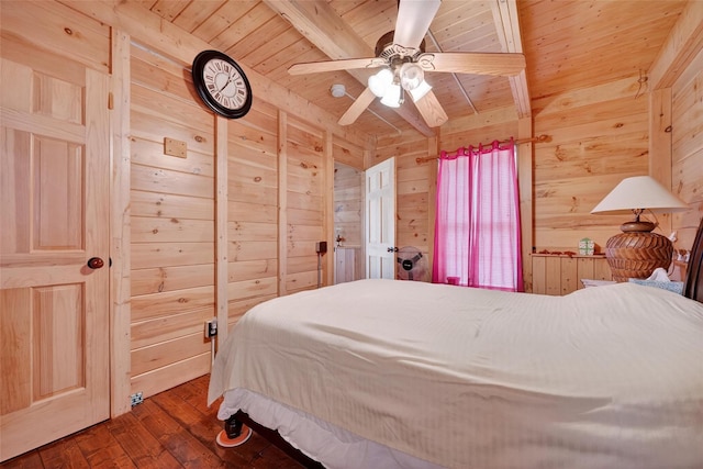 4 Debbie Ct, Chester, NY 10918 - bedroom featuring a wooden ceiling with exposed beams, wooden walls, dark wood finished floors, and ceiling fan