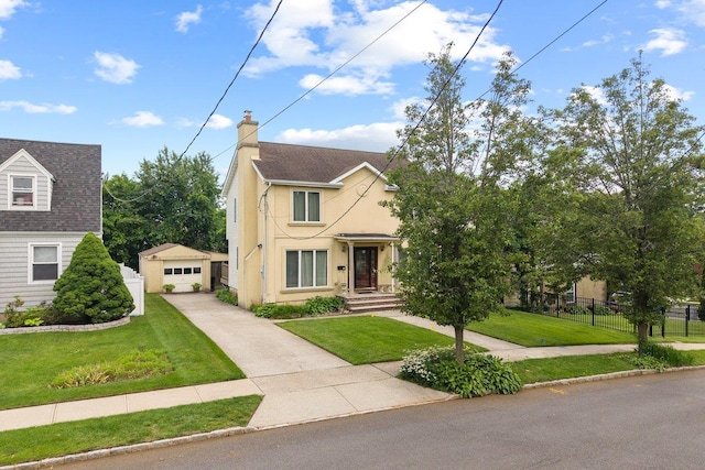 65 Netherwood Dr, Albertson, NY 11507 - view of front of house featuring concrete driveway, a chimney, an outdoor structure, a garage, and stucco siding