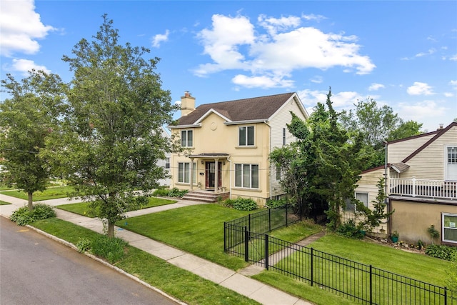 65 Netherwood Dr, Albertson, NY 11507 - view of front of property with a chimney and stucco siding