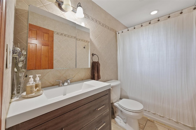 65 Netherwood Dr, Albertson, NY 11507 - bathroom with vanity, tile walls, shower / bath combination with curtain, tile patterned floors, and decorative backsplash