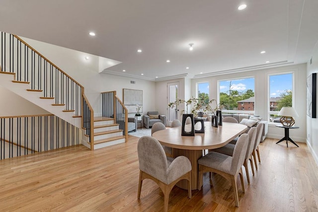 17 Union Rd Unit 208, Spring Valley, NY 10977 - dining space with light wood-style floors, stairs, recessed lighting, and ornamental molding