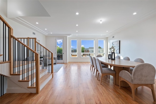 17 Union Rd Unit 208, Spring Valley, NY 10977 - dining area with light wood finished floors, stairway, recessed lighting, and crown molding