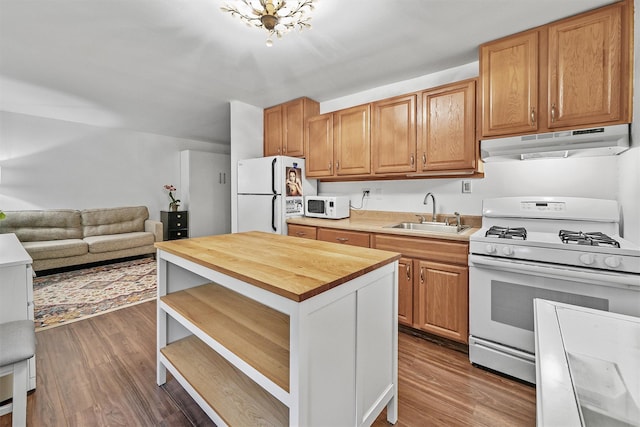13 Scenic Dr Unit M, Croton-On-Hudson, NY 10520 - kitchen featuring under cabinet range hood, white appliances, open shelves, wooden counters, and wood finished floors