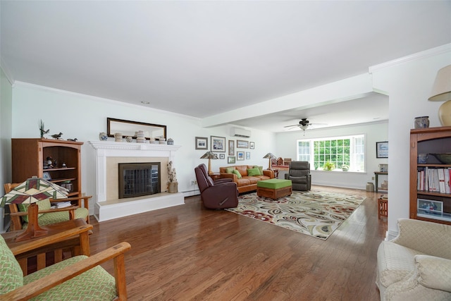 4 Tower Rd, Hopewell Junction, NY 12533 - living room with a wall mounted air conditioner, wood finished floors, a glass covered fireplace, crown molding, and ceiling fan