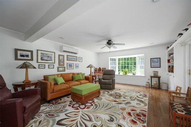 4 Tower Rd, Hopewell Junction, NY 12533 - living room with an AC wall unit, ceiling fan, crown molding, and wood finished floors