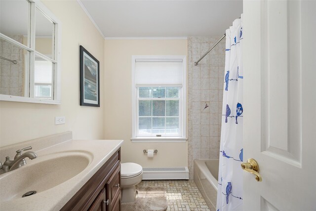 4 Tower Rd, Hopewell Junction, NY 12533 - bathroom with baseboard heating, vanity, shower / tub combo, and ornamental molding