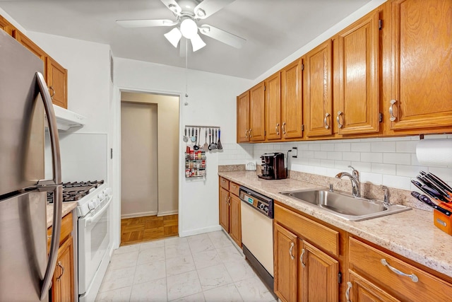 98 Dehaven Dr Unit 1F, Yonkers, NY 10703 - kitchen with white appliances, extractor fan, ceiling fan, tasteful backsplash, and brown cabinetry