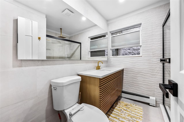 62 Buchanan Pl, Bronx, NY 10453 - full bathroom with a baseboard heating unit, vanity, a shower, tile walls, and recessed lighting
