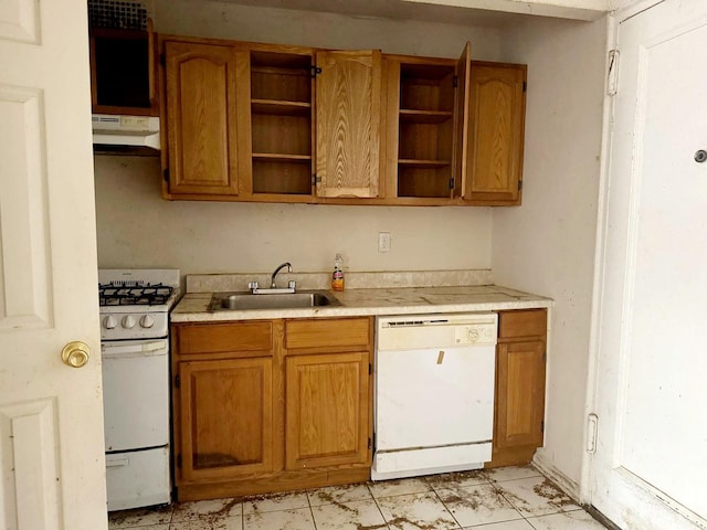 83-83 118th St Unit 6L, Kew Gardens, NY 11415 - kitchen featuring white appliances, under cabinet range hood, open shelves, light countertops, and brown cabinetry