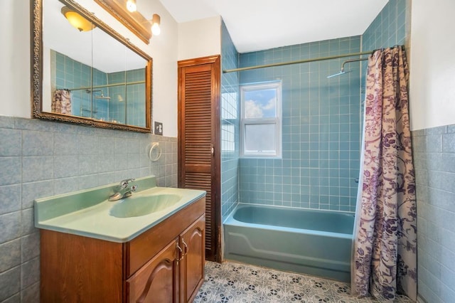 11467 202nd St, Saint Albans, NY 11412 - full bathroom with tile walls, vanity, shower / tub combo with curtain, tile patterned flooring, and wainscoting