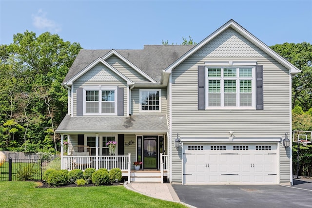 7 Long View Dr, Wading River, NY 11792 - view of front of home with asphalt driveway, a garage, a porch, and a shingled roof
