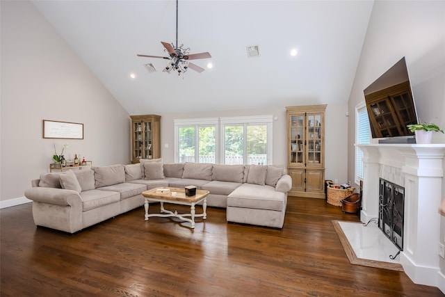 7 Long View Dr, Wading River, NY 11792 - living room with ceiling fan, a fireplace, high vaulted ceiling, dark wood-style flooring, and recessed lighting