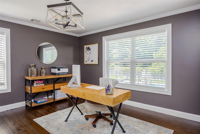 7 Long View Dr, Wading River, NY 11792 - office space featuring wood finished floors, ornamental molding, and a chandelier
