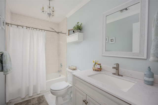 7 Long View Dr, Wading River, NY 11792 - bathroom featuring vanity, shower / tub combo with curtain, tile patterned floors, crown molding, and a chandelier