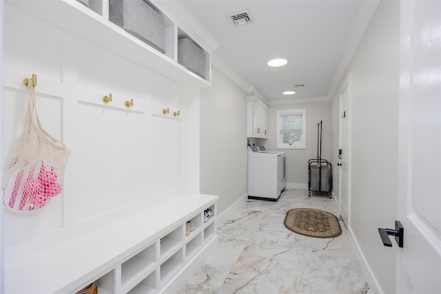 7 Long View Dr, Wading River, NY 11792 - mudroom featuring washer and clothes dryer, crown molding, recessed lighting, and light marble finish floors