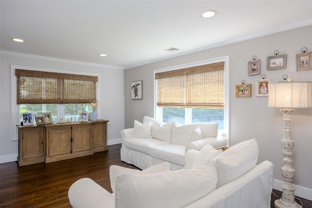 7 Long View Dr, Wading River, NY 11792 - living room with ornamental molding, dark wood-style flooring, and recessed lighting